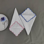 Linen tea towels, embroidered Table linen, Cloth Napkins, Mix Color Embroidery scallops Napkins, 6X9"- Cocktail Dinner Napkins, 18x18"