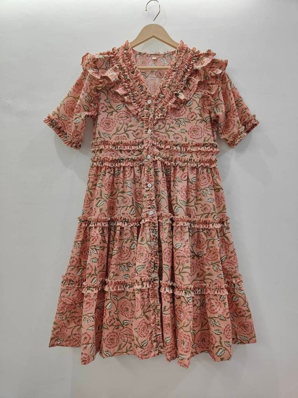 Peach Hand  Block Blue dress, Indian Bridesmaids dress, Gift for her, Gift for Mom, Summer Dress, India Block Print Top