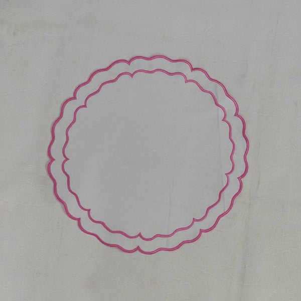 Round Double scalloped white Placemat, Embro linen white fabric table mat easy care,machine washable rustic kitchen decor dining mat set