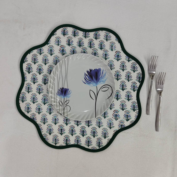 Round scalloped printed Placemat, Block Print fabric table mat easy care,machine washable rustic kitchen decor dining mat set