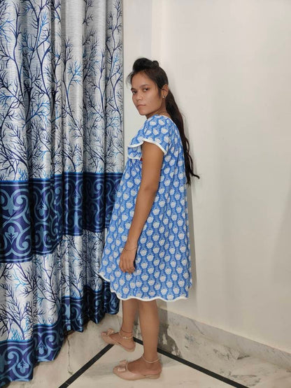 Hand Block Printed Dress, Blue Flower Indian Tunics, Hand Printed Dress, Indian Cotton short dress, Indian Cotton Dress, Printed Dress