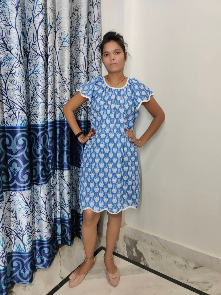 Hand Block Printed Dress, Blue Flower Indian Tunics, Hand Printed Dress, Indian Cotton short dress, Indian Cotton Dress, Printed Dress