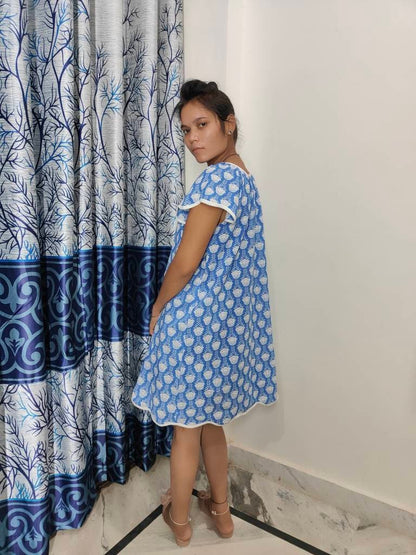 Hand Block Printed Dress, Blue Flower Indian Tunics, Hand Printed Dress, Indian Cotton short dress, Indian Cotton Dress, Printed Dress