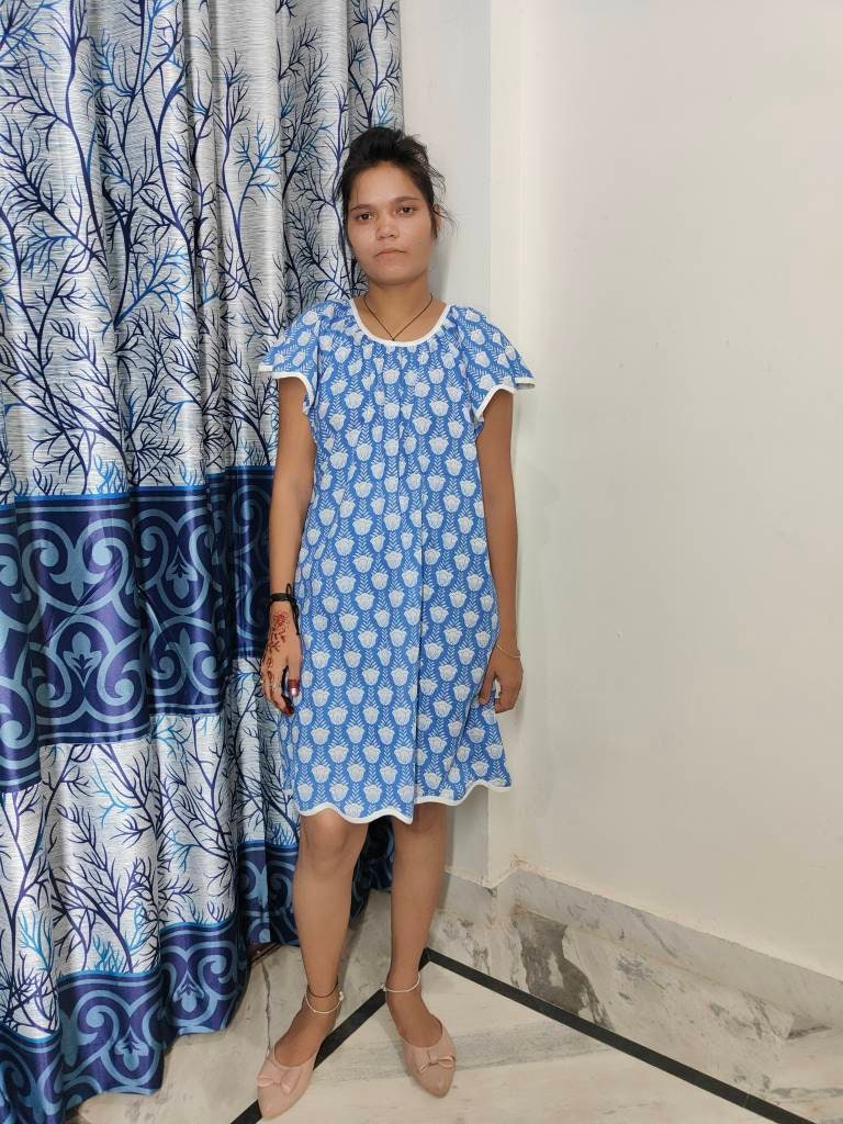 Hand Block Printed Dress, Blue Flower Indian Tunics, Hand Printed Dress, Indian Cotton short dress, Indian Cotton Dress, Printed Dress