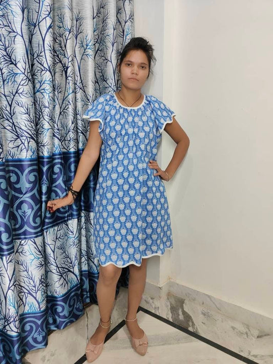 Hand Block Printed Dress, Blue Flower Indian Tunics, Hand Printed Dress, Indian Cotton short dress, Indian Cotton Dress, Printed Dress