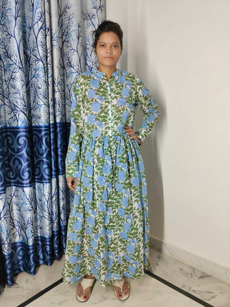 Light Pink Hand  Block Blue dress, Indian Bridesmaids dress, Gift for her, Gift for Mom, Summer Dress, India Block Print Top