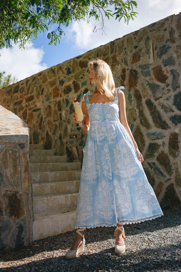 Exclusive Pastel Blue Palladio Tie Shoulder Dress, Indian Cotton Long Gown, Indian Cotton Dress, printed Dress