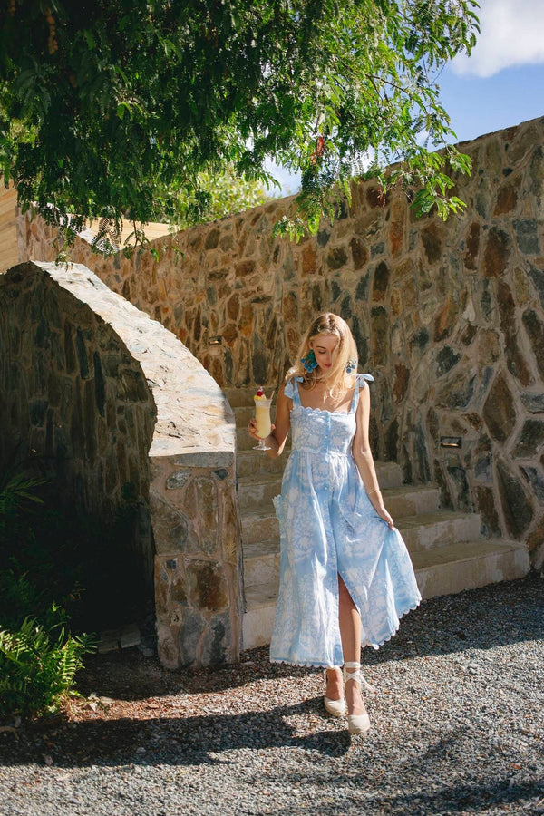Exclusive Pastel Blue Palladio Tie Shoulder Dress, Indian Cotton Long Gown, Indian Cotton Dress, printed Dress