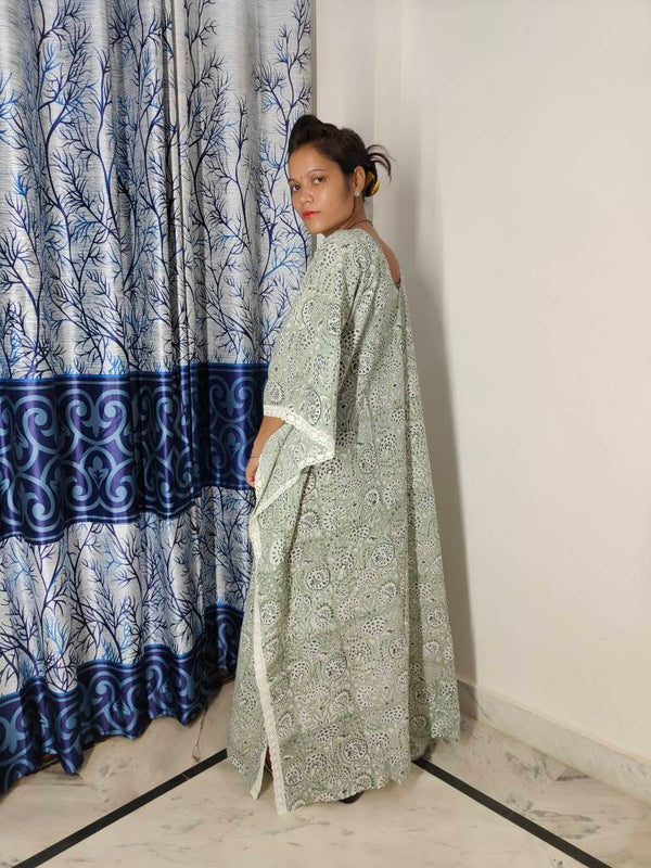 Indigo Blue Anokhi Block Printed Long Caftan Beach Bikini Cover up Indian Cotton Kaftan Gift For Women's Caftan Polka Dot Print Long Dress