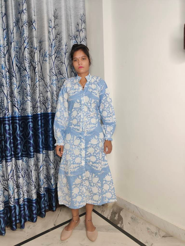 Exclusive Pastel Blue Palladio Flared Sleeve Dress, Indian Cotton Long Gown, Indian Cotton Dress, printed Dress