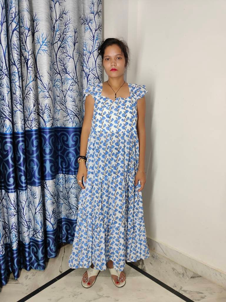 Hand Block Printed Dress, Block Print Dress, Indian Tunics, Hand Printed Dress, Indian Cotton Long Gown, Indian Cotton Dress, Printed Dress