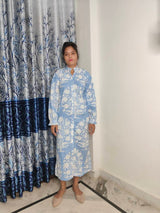 Exclusive Pastel Blue Palladio Flared Sleeve Dress, Indian Cotton Long Gown, Indian Cotton Dress, printed Dress