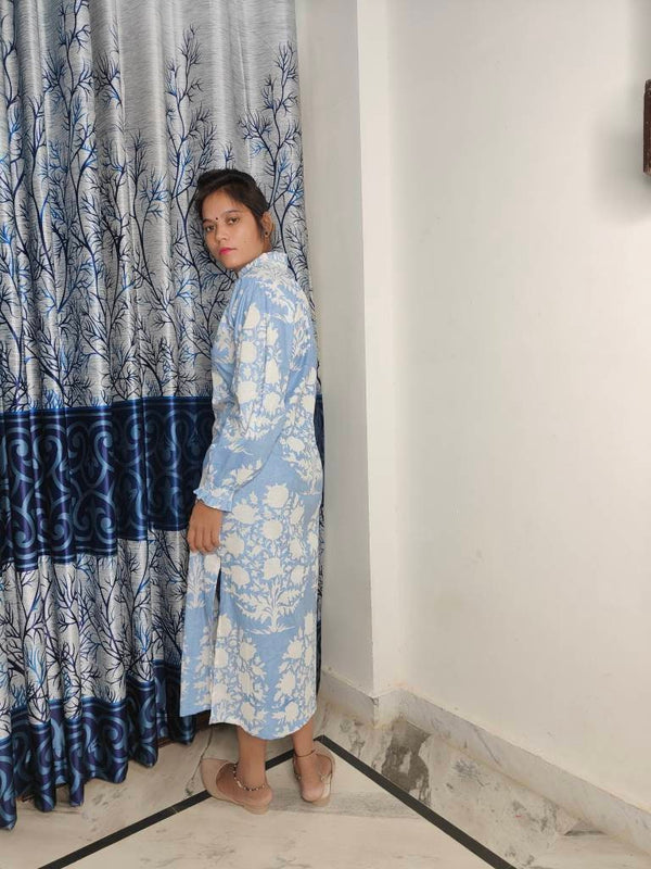 Exclusive Pastel Blue Palladio Flared Sleeve Dress, Indian Cotton Long Gown, Indian Cotton Dress, printed Dress