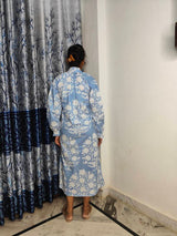 Exclusive Pastel Blue Palladio Flared Sleeve Dress, Indian Cotton Long Gown, Indian Cotton Dress, printed Dress