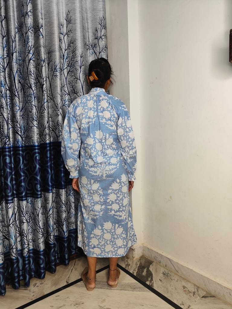 Exclusive Pastel Blue Palladio Flared Sleeve Dress, Indian Cotton Long Gown, Indian Cotton Dress, printed Dress