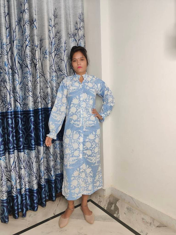 Exclusive Pastel Blue Palladio Flared Sleeve Dress, Indian Cotton Long Gown, Indian Cotton Dress, printed Dress