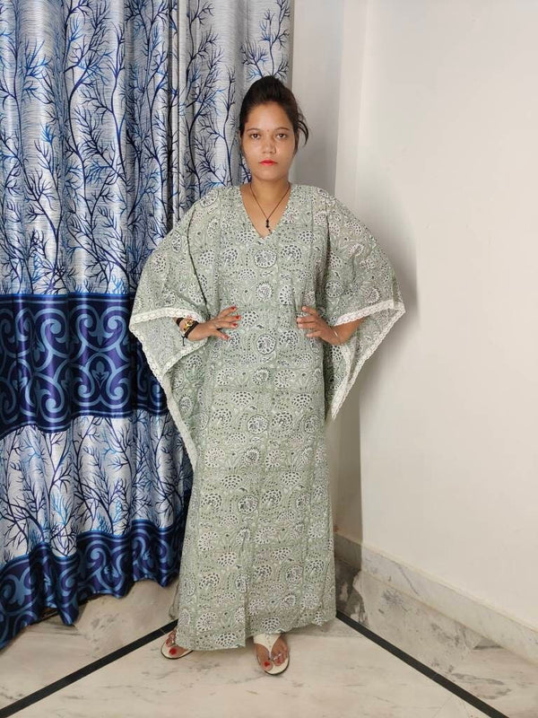 Indigo Blue Anokhi Block Printed Long Caftan Beach Bikini Cover up Indian Cotton Kaftan Gift For Women's Caftan Polka Dot Print Long Dress