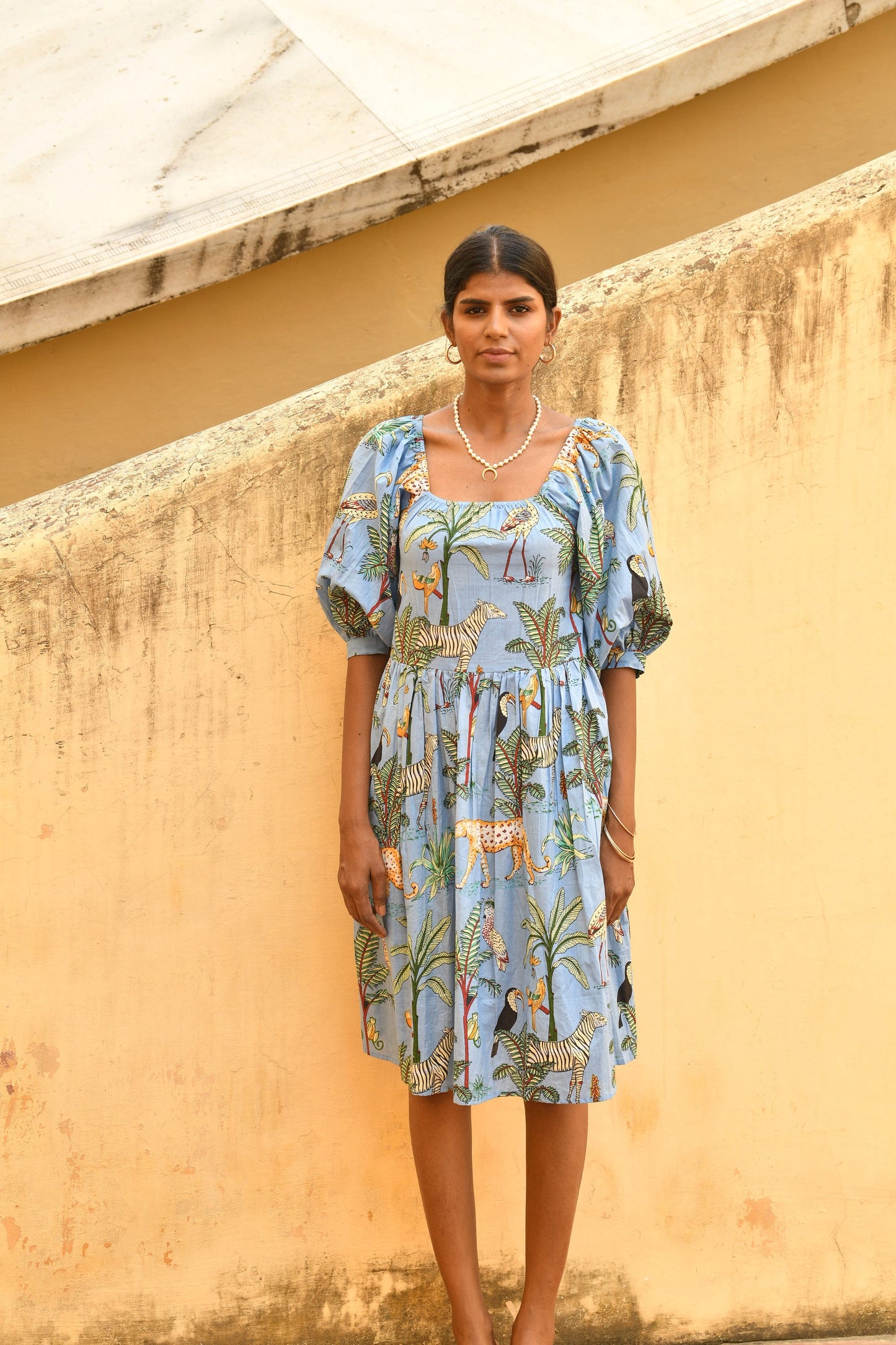 FLUTTER MINI , LILY Midi Dress, Blouson Sleeve Dress, Summer Dress, Jungle print India Block Print Top