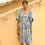 FLUTTER MINI , LILY Midi Dress, Blouson Sleeve Dress, Summer Dress, Jungle print India Block Print Top
