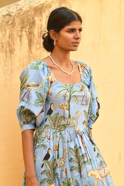FLUTTER MINI , LILY Midi Dress, Blouson Sleeve Dress, Summer Dress, Jungle print India Block Print Top