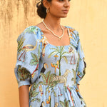 FLUTTER MINI , LILY Midi Dress, Blouson Sleeve Dress, Summer Dress, Jungle print India Block Print Top