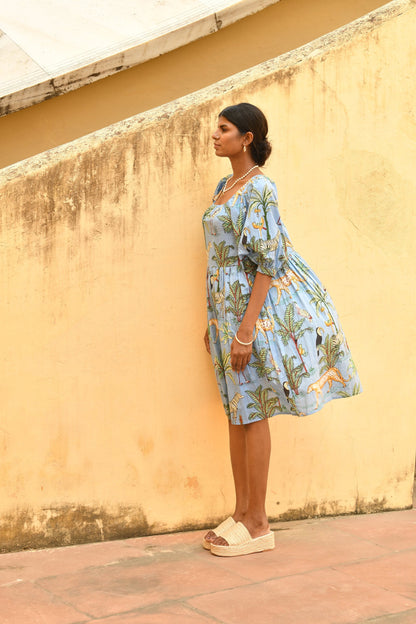 FLUTTER MINI , LILY Midi Dress, Blouson Sleeve Dress, Summer Dress, Jungle print India Block Print Top