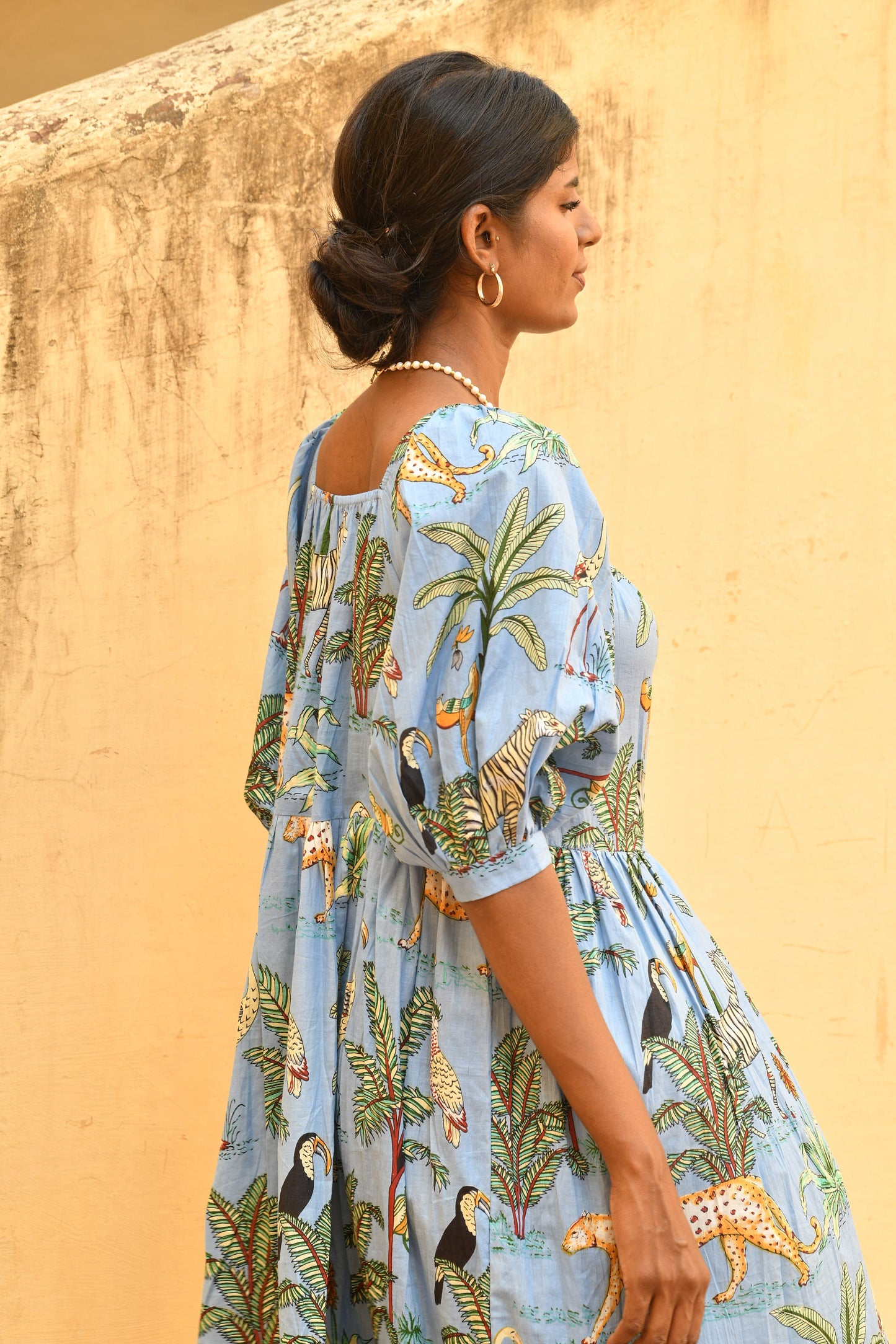 FLUTTER MINI , LILY Midi Dress, Blouson Sleeve Dress, Summer Dress, Jungle print India Block Print Top