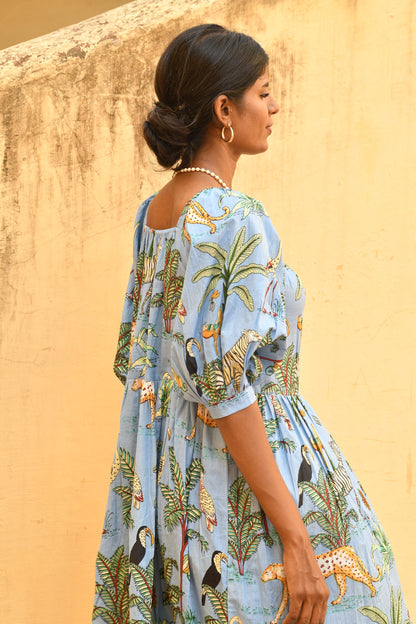 FLUTTER MINI , LILY Midi Dress, Blouson Sleeve Dress, Summer Dress, Jungle print India Block Print Top