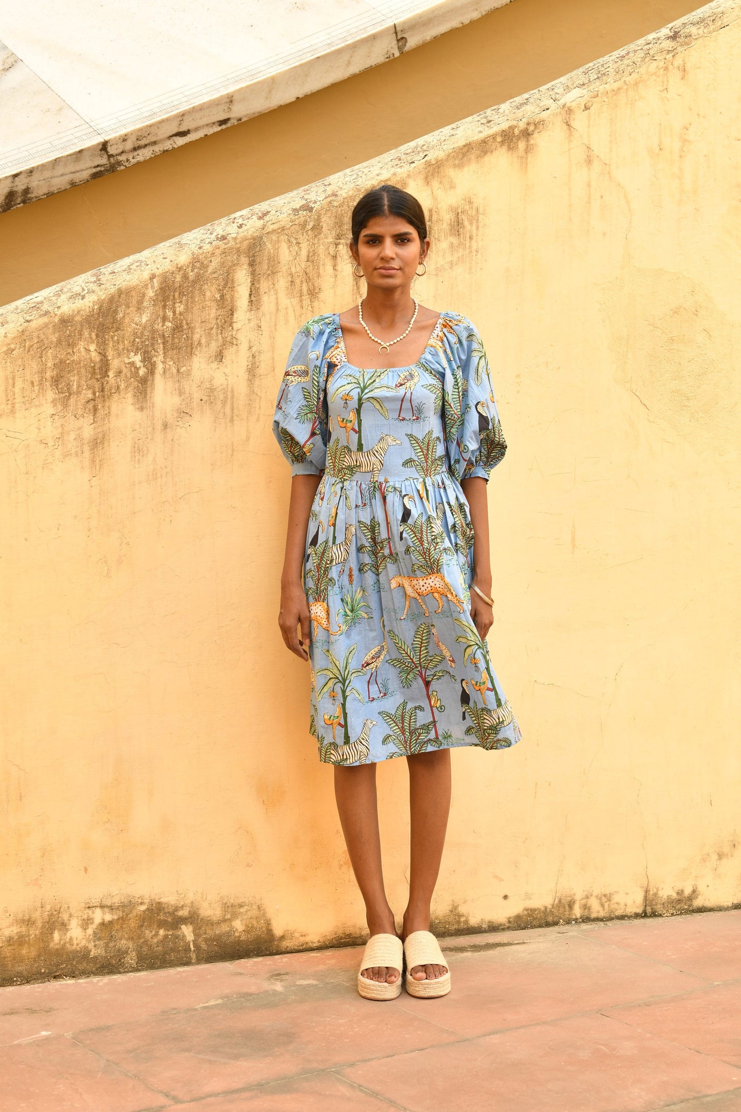 FLUTTER MINI , LILY Midi Dress, Blouson Sleeve Dress, Summer Dress, Jungle print India Block Print Top