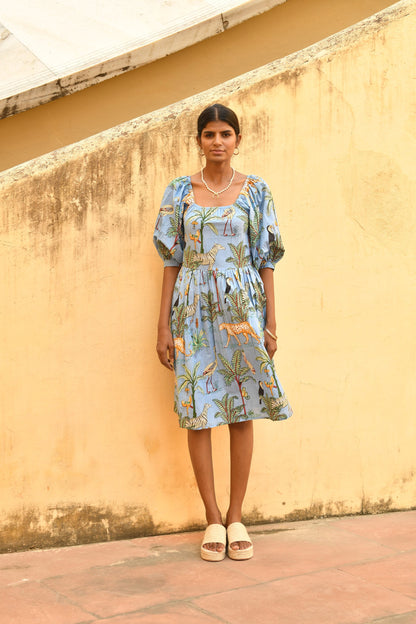 FLUTTER MINI , LILY Midi Dress, Blouson Sleeve Dress, Summer Dress, Jungle print India Block Print Top