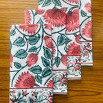 Burnt Orange, Coral and Turquoise Green Hand Block Floral Printed Size 20x20" Cotton Border Napkins
