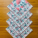 Burnt Orange, Coral and Turquoise Green Hand Block Floral Printed Size 20x20" Cotton Border Napkins
