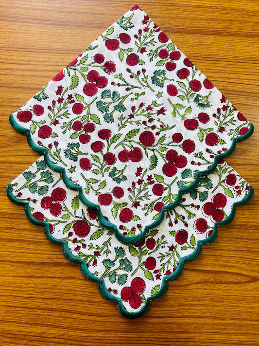 Garnet Red Cherry Print Scallop Embroidery Napkins