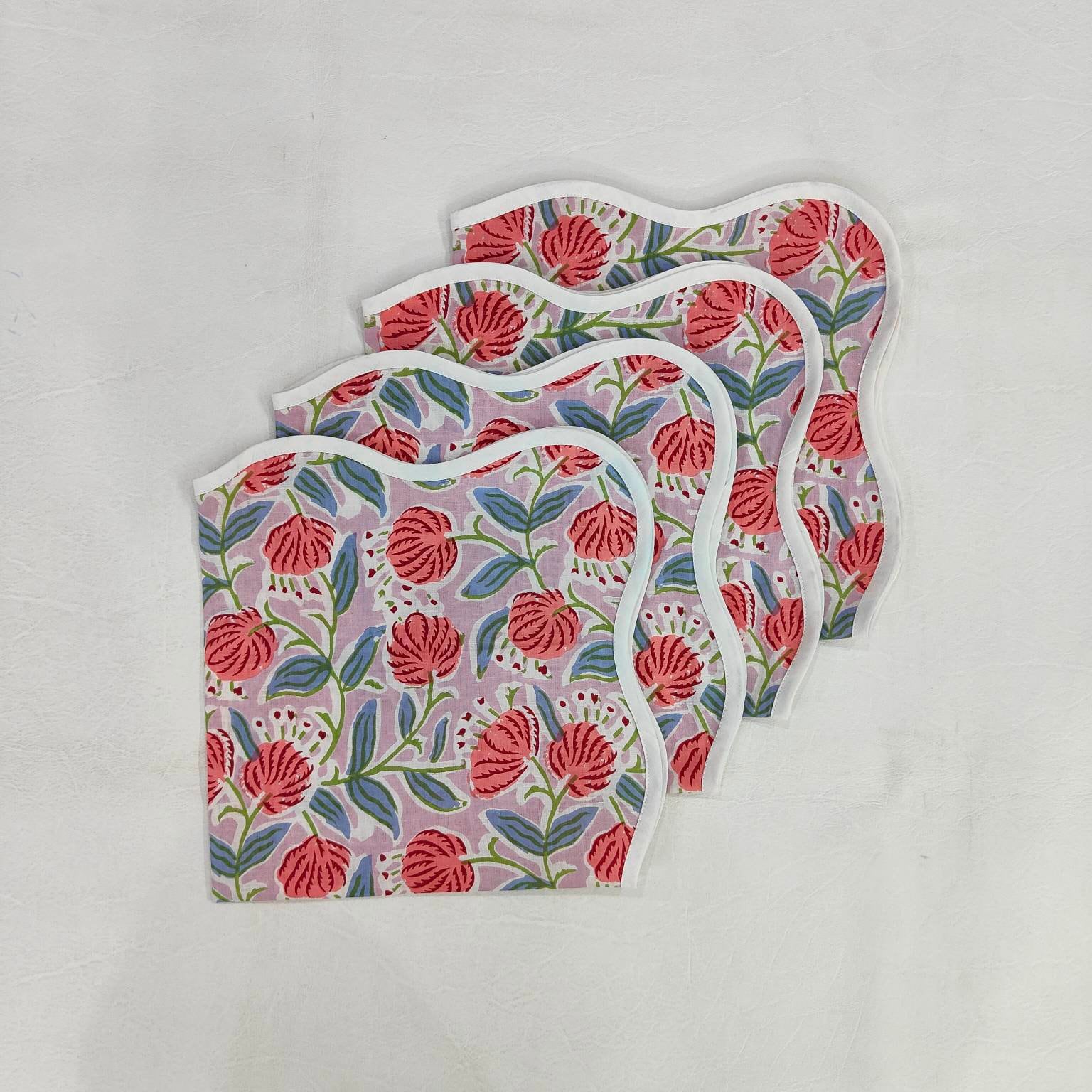 Floral Cotton Pink Piping wave scallop napkin, personalised gift ,Sustainable Cloth Cotton Napkins Set of 4, Print by Hand Block