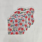 Floral Cotton Pink Piping wave scallop napkin, personalised gift ,Sustainable Cloth Cotton Napkins Set of 4, Print by Hand Block