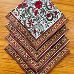 Prune Red and Army Green Indian Floral Hand Block Printed 100% Cotton Border Napkins Size 20x20"