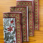 Prune Red and Army Green Indian Floral Hand Block Printed 100% Cotton Border Napkins Size 20x20"