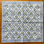 Light Steel Blue, Olive Green Indian Floral Hand Block Printed 100% Pure Cotton Border Napkins Size 20x20"