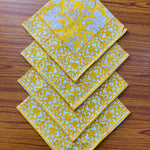 Saffron Yellow and Off White Indian Floral Hand Block Printed Border 100% Pure Cotton Cloth Napkins Size 20x20"