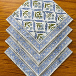 Light Steel Blue, Olive Green Indian Floral Hand Block Printed 100% Pure Cotton Border Napkins Size 20x20"