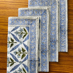 Light Steel Blue, Olive Green Indian Floral Hand Block Printed 100% Pure Cotton Border Napkins Size 20x20"