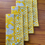 Saffron Yellow and Off White Indian Floral Hand Block Printed Border 100% Pure Cotton Cloth Napkins Size 20x20"