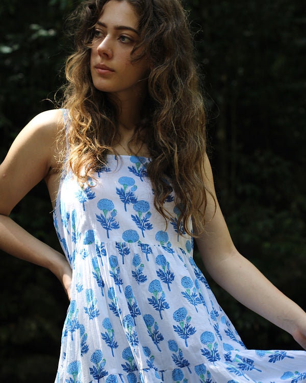 Hand Block Printed Short Dress, BLue Flower Indian Tunics, Hand Printed Dress, Indian Cotton Long Gown, Indian Cotton Dress, Printed Dress