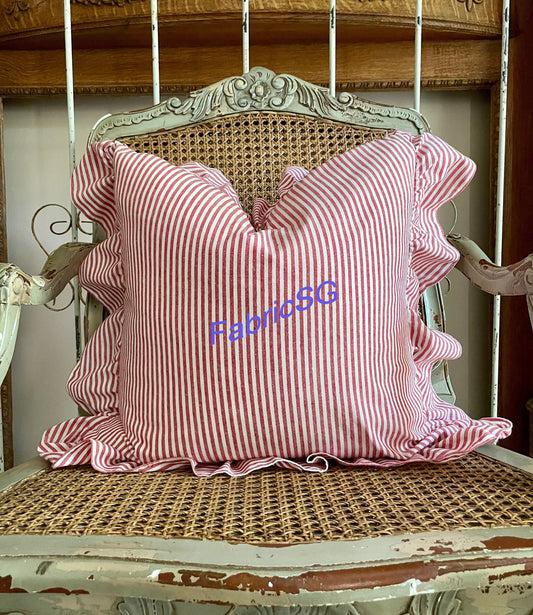 Red and Cream Stripe Ruffle Christmas Pillow Cover, Cottage Chic Ticking Cushion, French Farmhouse Holiday Decor