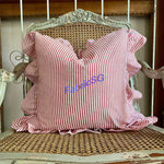 Red and Cream Stripe Ruffle Christmas Pillow Cover, Cottage Chic Ticking Cushion, French Farmhouse Holiday Decor