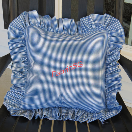 Blue gingham check ruffled Pillow Cover/Cotton Pillow Cover/Gingham check Ruffled Pillow Cover/ without pillow insert
