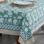 Turquoise Green, Old Moss Green and White Indian Floral Hand Block Printed Cotton Cloth Tablecloth, Table Cover, Farmhouse Wedding Events