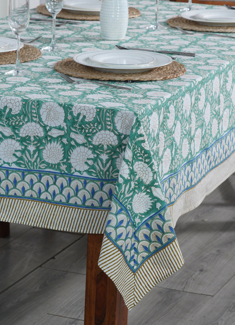 Turquoise Green, Old Moss Green and White Indian Floral Hand Block Printed Cotton Cloth Tablecloth, Table Cover, Farmhouse Wedding Events