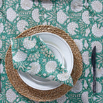 Turquoise Green, Old Moss Green and White Indian Floral Hand Block Printed Cotton Cloth Tablecloth, Table Cover, Farmhouse Wedding Events