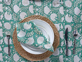 Turquoise Green, Old Moss Green and White Indian Floral Hand Block Printed Cotton Cloth Tablecloth, Table Cover, Farmhouse Wedding Events